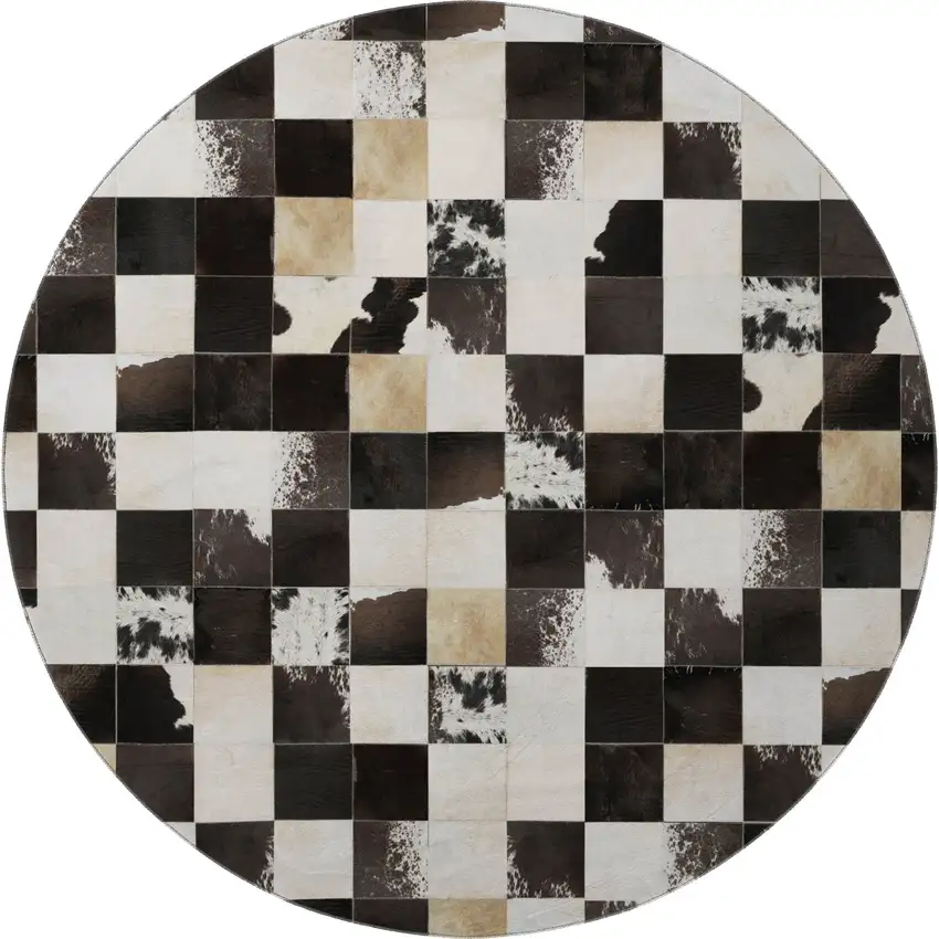 8' Black Ivory And Beige Patchwork Washable Round Rug With UV Protection Photo 4
