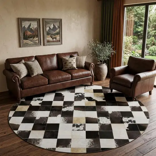 8' Black Ivory And Beige Patchwork Washable Round Rug With UV Protection Photo 1