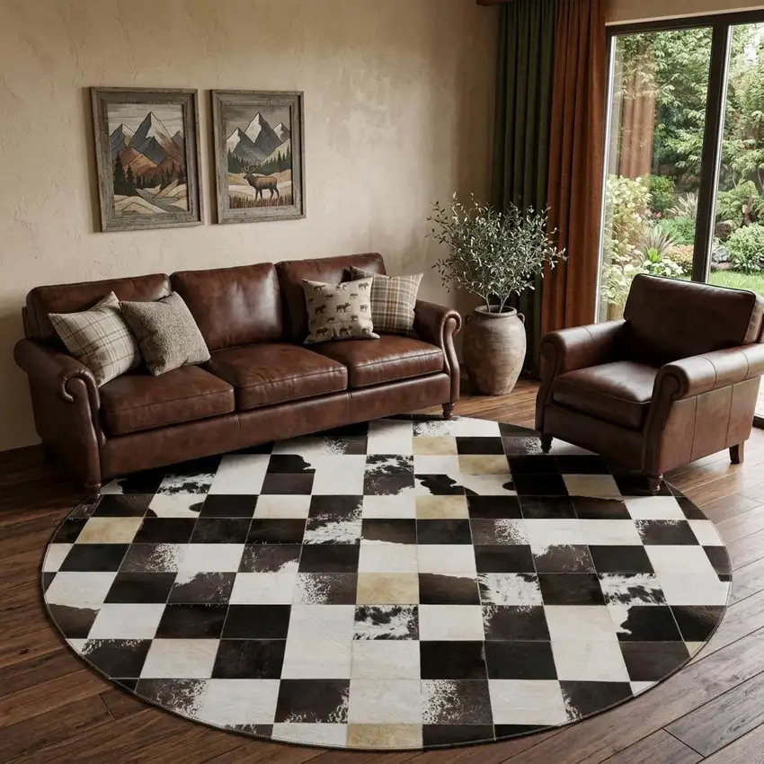 8' Black Ivory And Beige Patchwork Washable Round Rug With UV Protection Photo 1