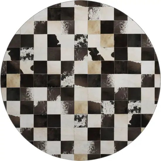 8' Black Ivory And Beige Patchwork Washable Round Rug With UV Protection Photo 2