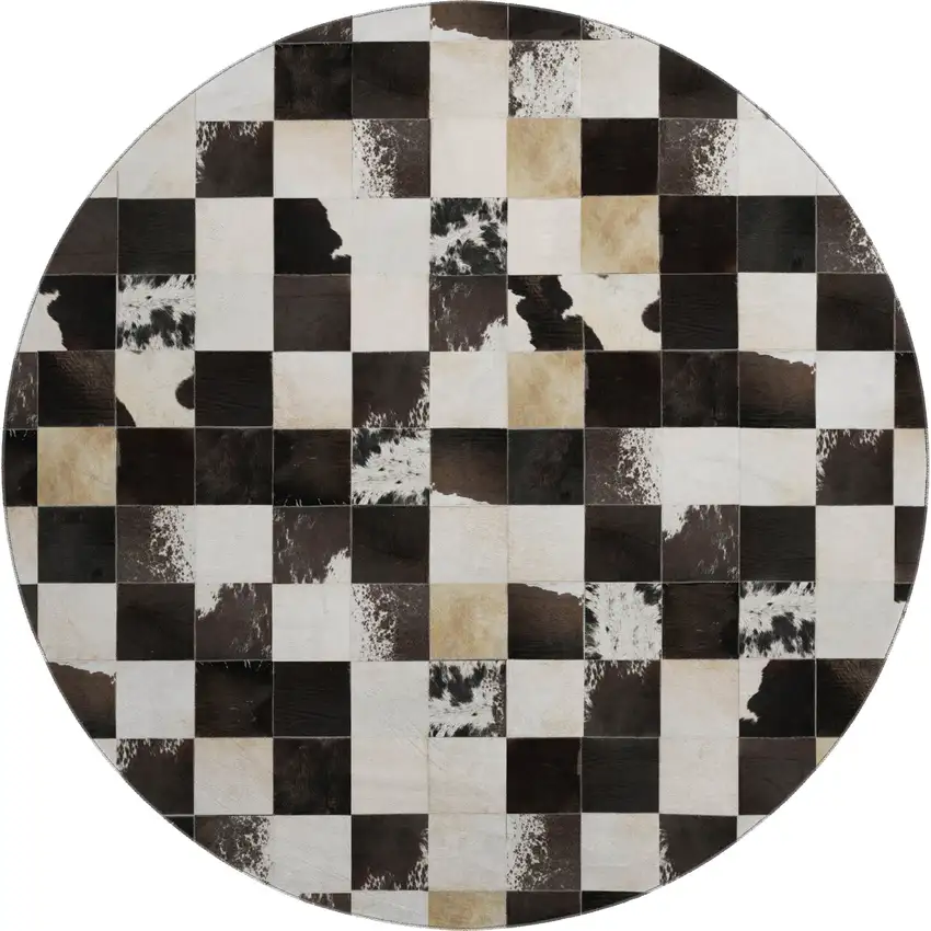 8' Black Ivory And Beige Patchwork Washable Round Rug With UV Protection Photo 2
