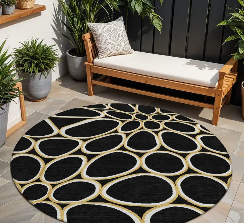 8' Black Ivory And Beige Round Abstract Washable Indoor Outdoor Area Rug Photo 1