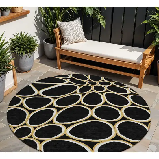 8' Black Ivory And Beige Round Abstract Washable Indoor Outdoor Area Rug Photo 1