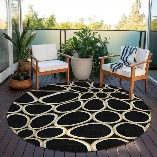 8' Black Ivory And Beige Round Abstract Washable Indoor Outdoor Area Rug Photo 7