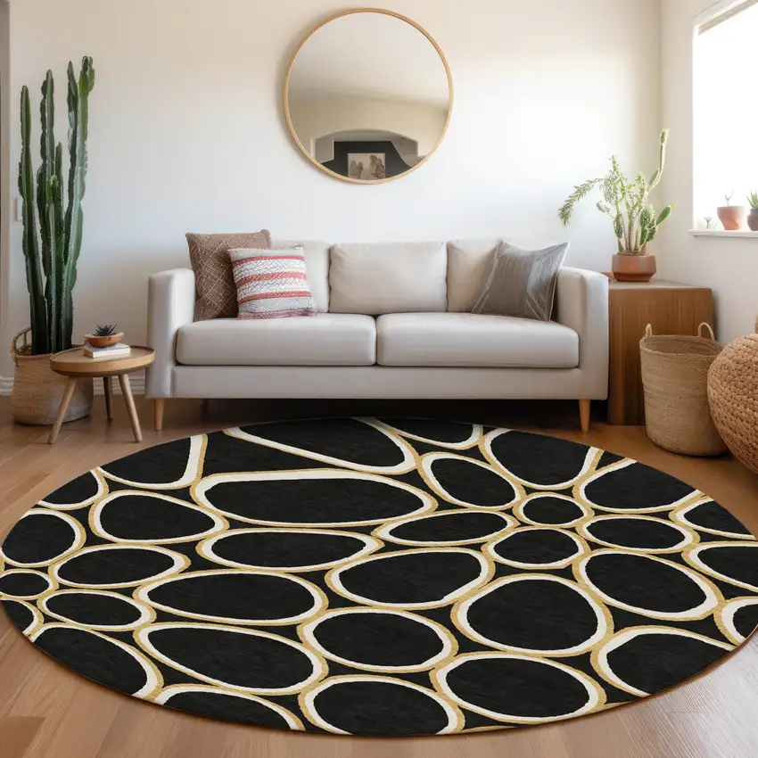 8' Black Ivory And Beige Round Abstract Washable Indoor Outdoor Area Rug Photo 8