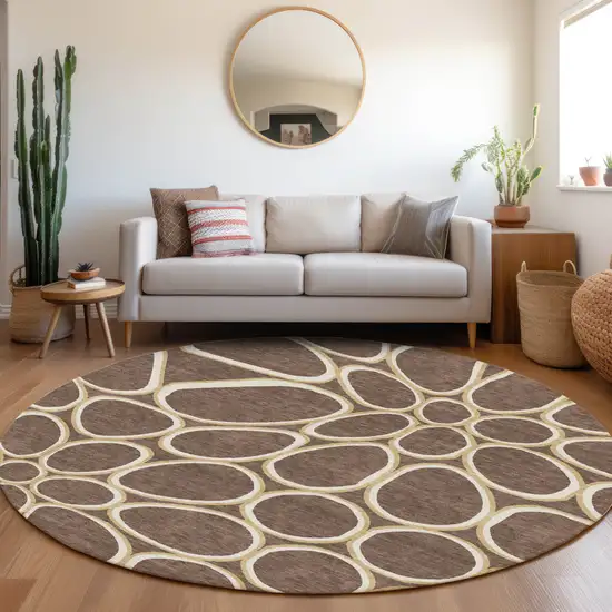 8' Black Ivory And Beige Round Abstract Washable Indoor Outdoor Area Rug Photo 8