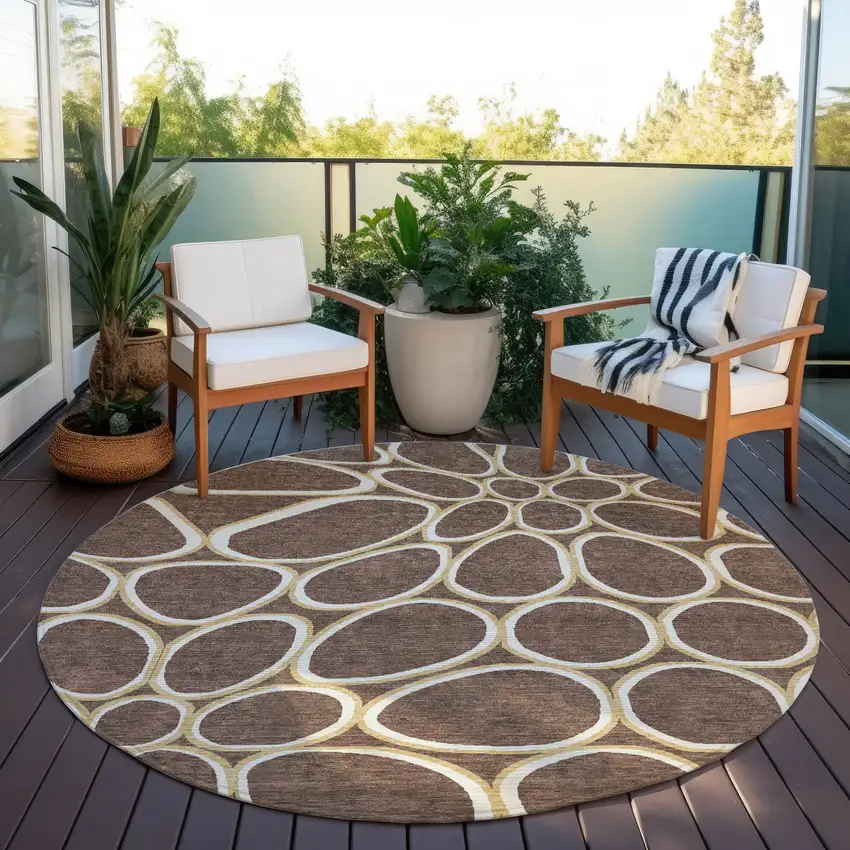 8' Black Ivory And Beige Round Abstract Washable Indoor Outdoor Area Rug Photo 7
