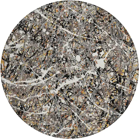 8' Black Ivory And Beige Round Abstract Washable Indoor Outdoor Area Rug Photo 1