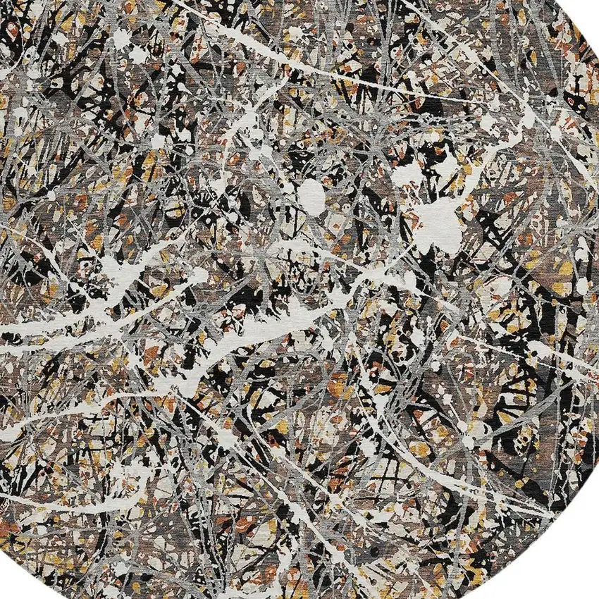 8' Black Ivory And Beige Round Abstract Washable Indoor Outdoor Area Rug Photo 2