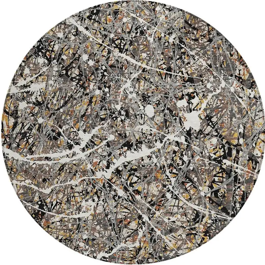 8' Black Ivory And Beige Round Abstract Washable Indoor Outdoor Area Rug Photo 3