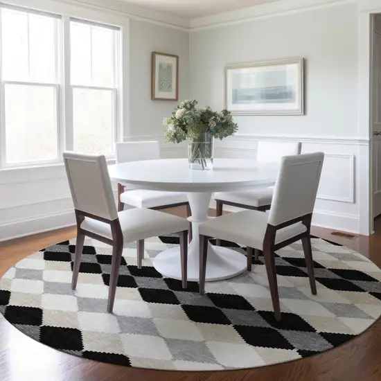 8' Black Ivory And Beige Round Geometric Washable Indoor Outdoor Area Rug Photo 7