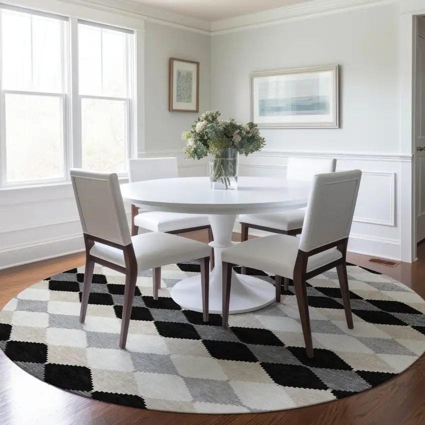8' Black Ivory And Beige Round Geometric Washable Indoor Outdoor Area Rug Photo 7