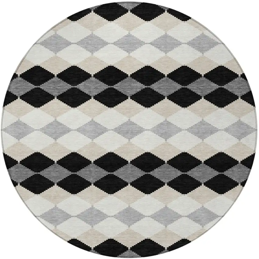 8' Black Ivory And Beige Round Geometric Washable Indoor Outdoor Area Rug Photo 5