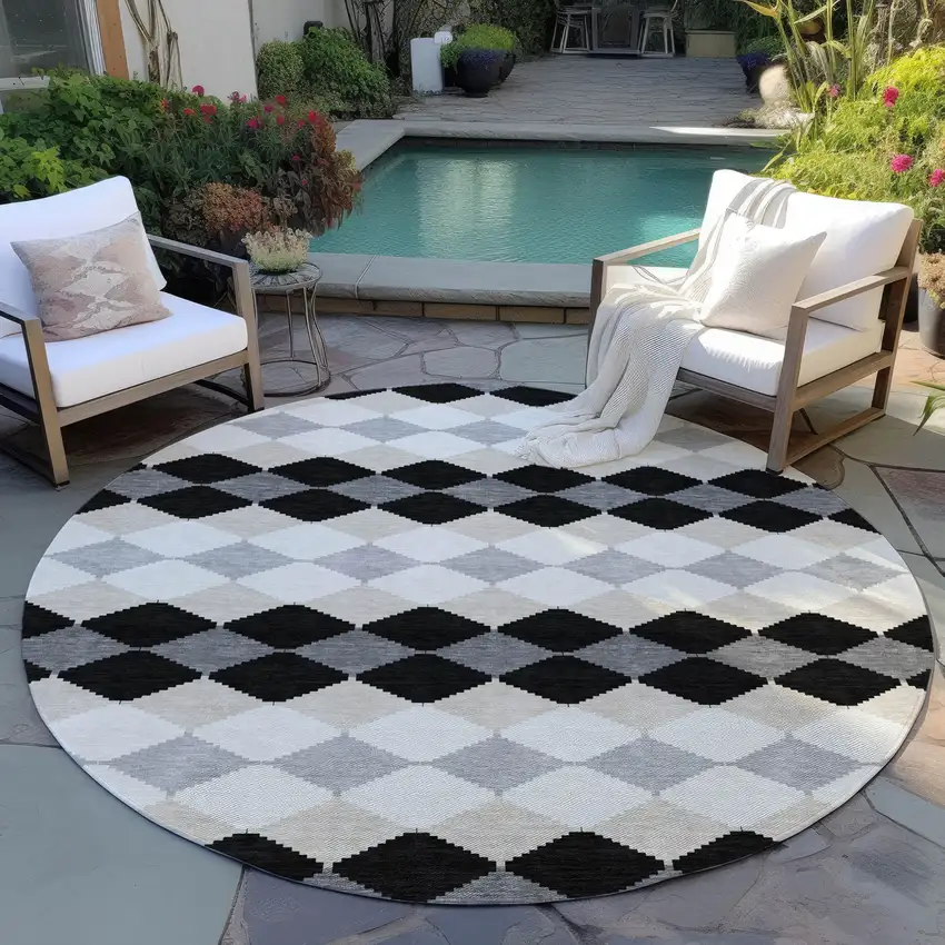 8' Black Ivory And Beige Round Geometric Washable Indoor Outdoor Area Rug Photo 6