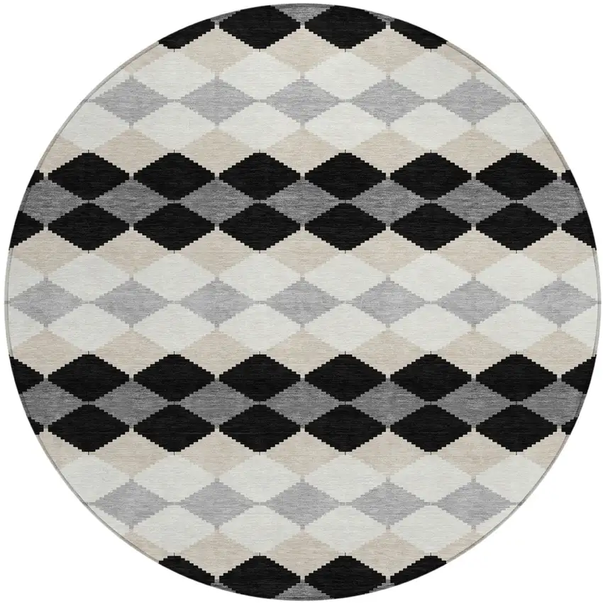 8' Black Ivory And Beige Round Geometric Washable Indoor Outdoor Area Rug Photo 2