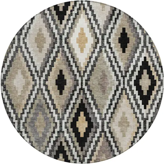 8' Black Ivory And Beige Round Geometric Washable Indoor Outdoor Area Rug Photo 2