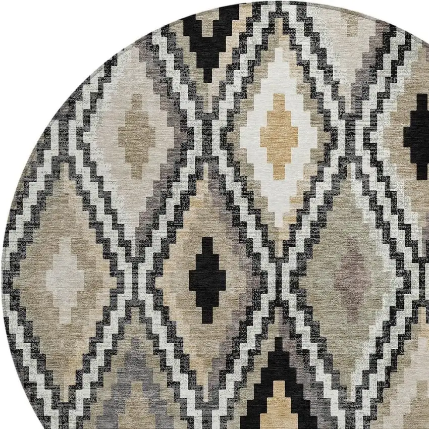 8' Black Ivory And Beige Round Geometric Washable Indoor Outdoor Area Rug Photo 7