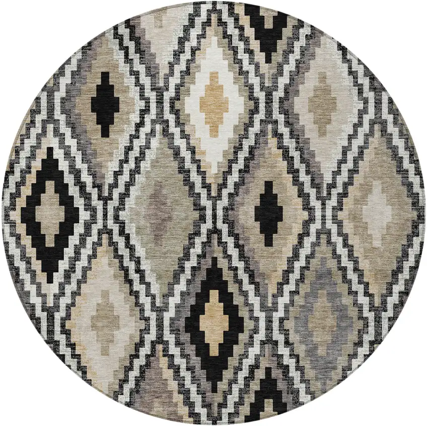 8' Black Ivory And Beige Round Geometric Washable Indoor Outdoor Area Rug Photo 4