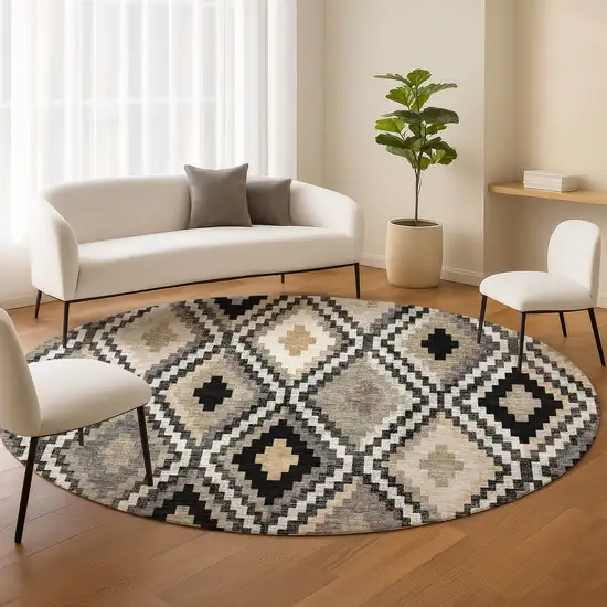 8' Black Ivory And Beige Round Geometric Washable Indoor Outdoor Area Rug Photo 9