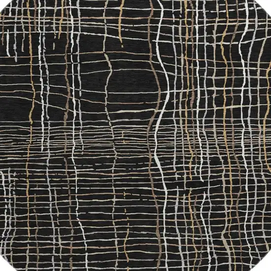 8' Black Ivory And Beige Striped Washable Round Rug With UV Protection Photo 2