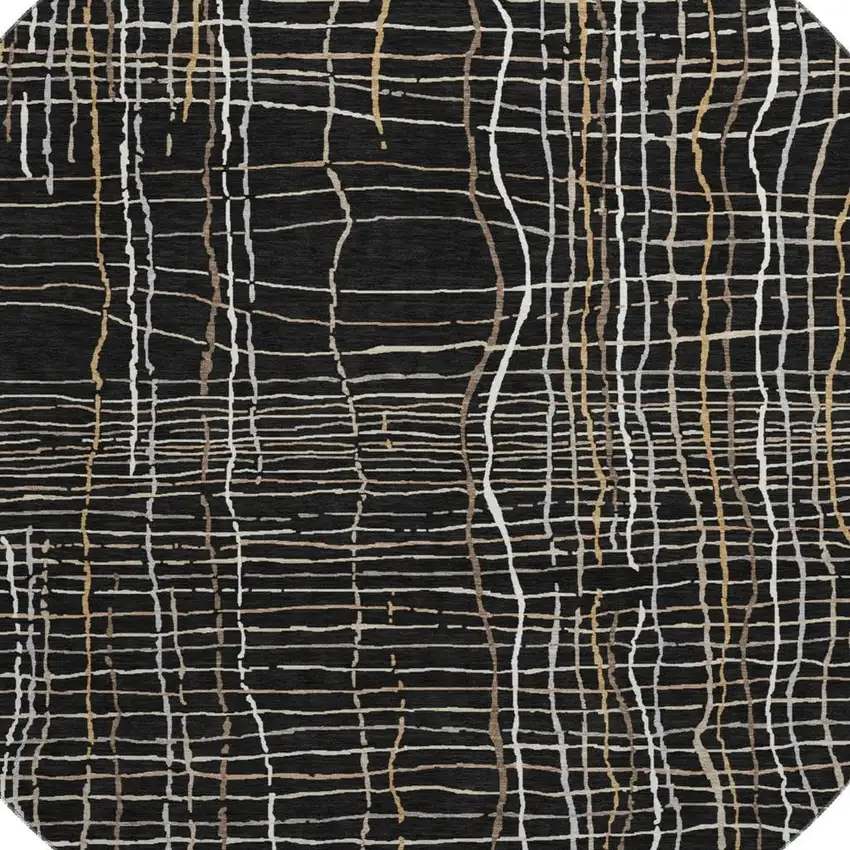 8' Black Ivory And Beige Striped Washable Round Rug With UV Protection Photo 2