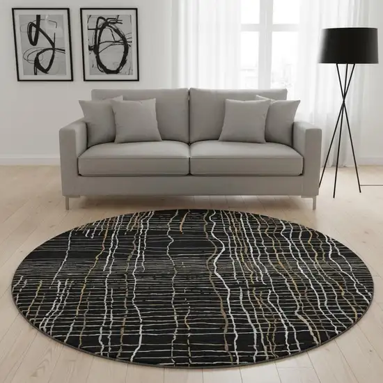 8' Black Ivory And Beige Striped Washable Round Rug With UV Protection Photo 2