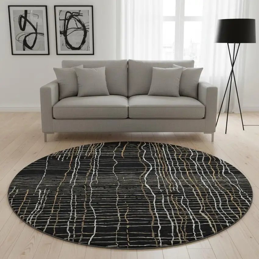 8' Black Ivory And Beige Striped Washable Round Rug With UV Protection Photo 2