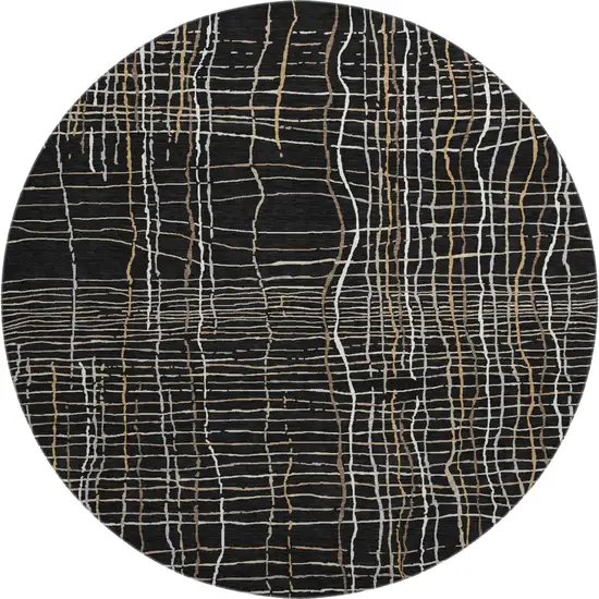 8' Black Ivory And Beige Striped Washable Round Rug With UV Protection Photo 1
