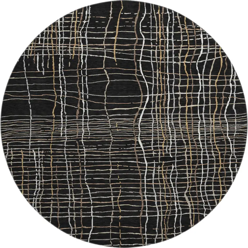 8' Black Ivory And Beige Striped Washable Round Rug With UV Protection Photo 1