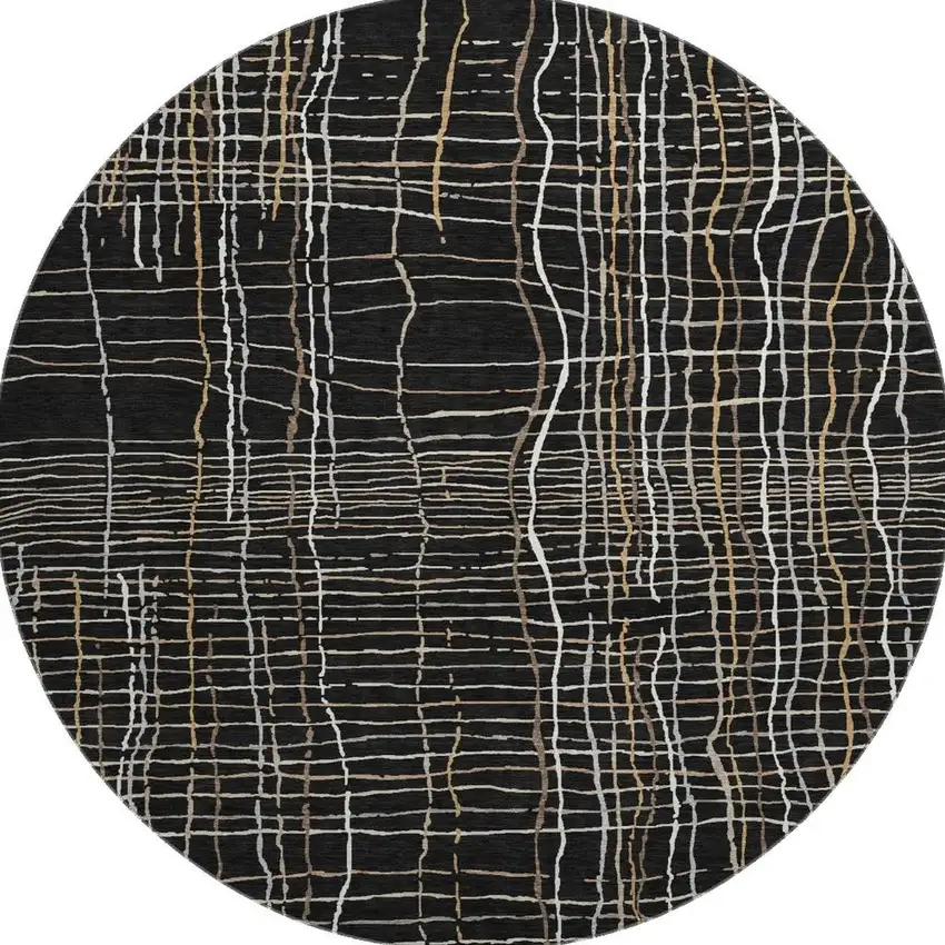 8' Black Ivory And Beige Striped Washable Round Rug With UV Protection Photo 3