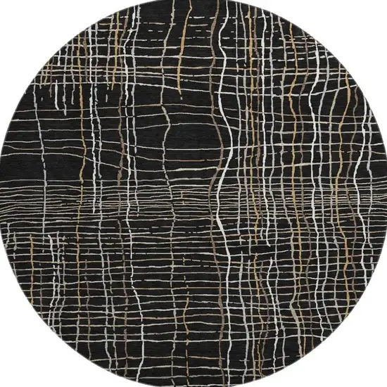 8' Black Ivory And Beige Striped Washable Round Rug With UV Protection Photo 3