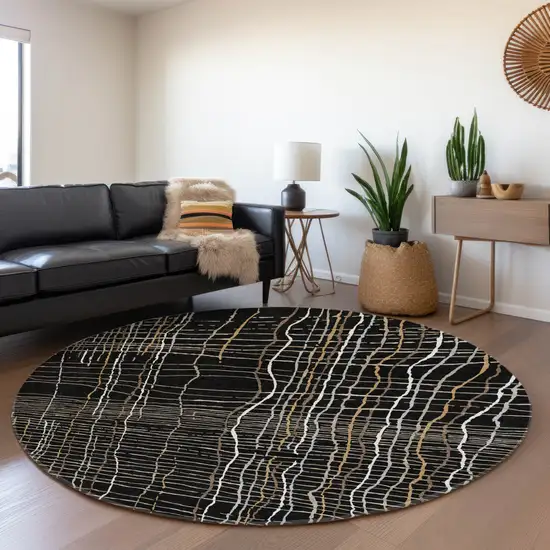 8' Black Ivory And Beige Striped Washable Round Rug With UV Protection Photo 4