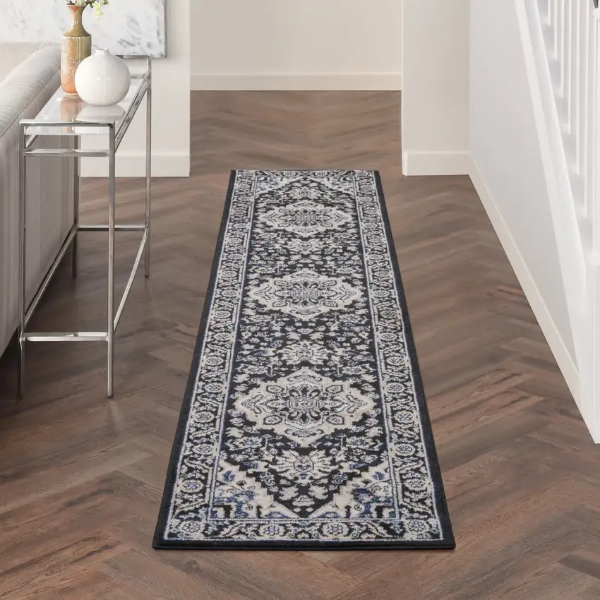 10' Black Ivory And Blue Floral Runner Rug Photo 4