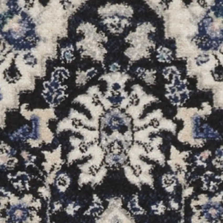 10' Black Ivory And Blue Floral Runner Rug Photo 3