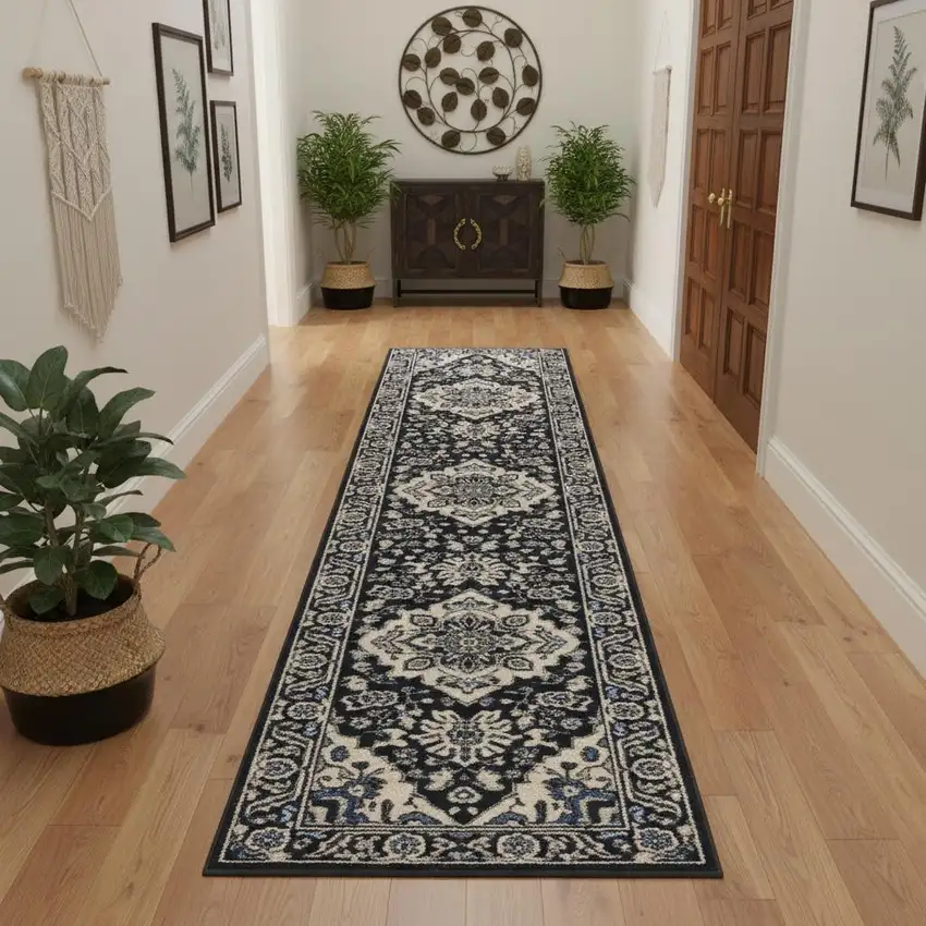 10' Black Ivory And Blue Floral Runner Rug Photo 1