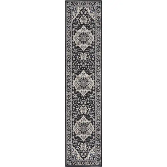 10' Black Ivory And Blue Floral Runner Rug Photo 2