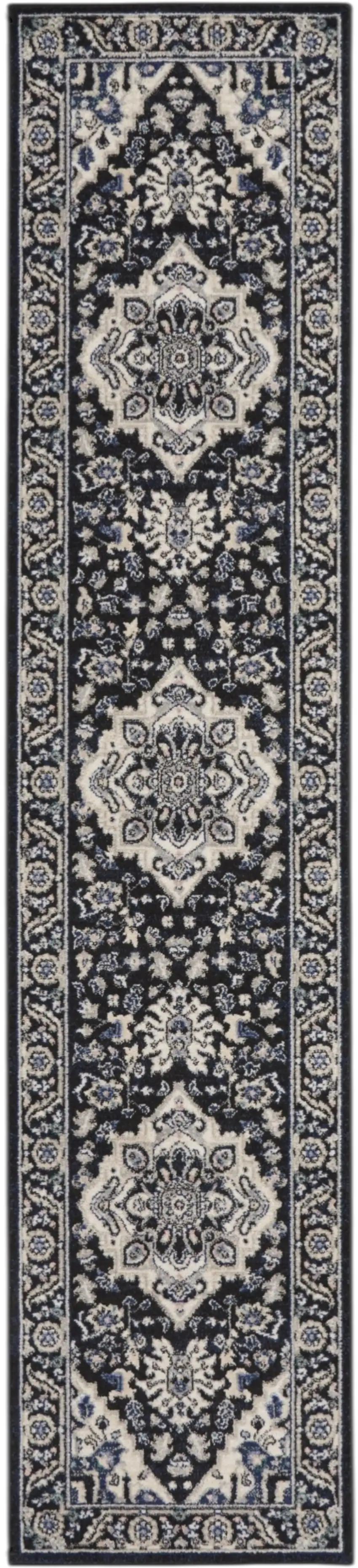 10' Black Ivory And Blue Floral Runner Rug Photo 2