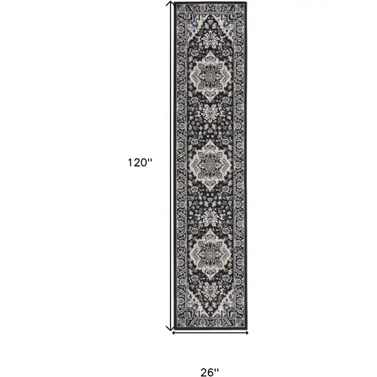 10' Black Ivory And Blue Floral Runner Rug Photo 3