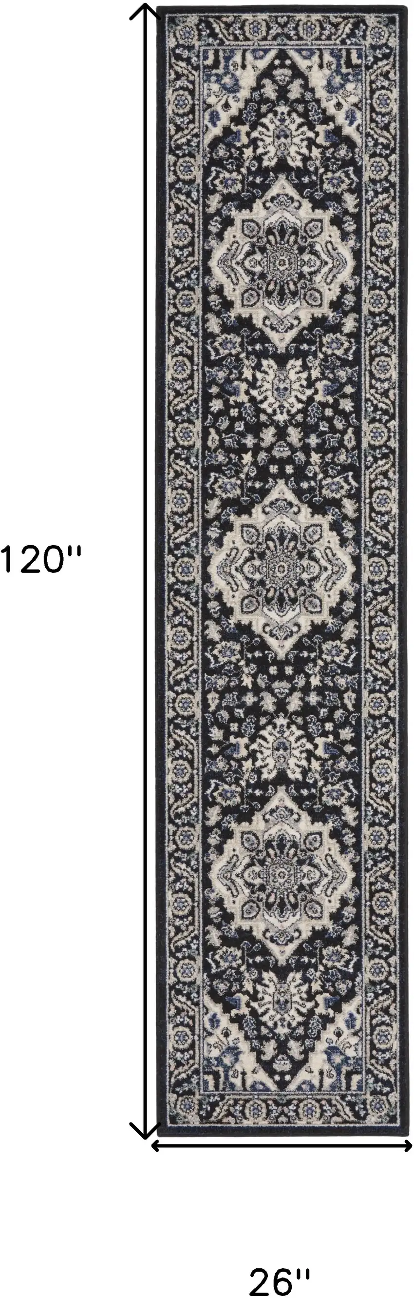 10' Black Ivory And Blue Floral Runner Rug Photo 3