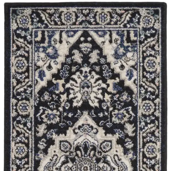 10' Black Ivory And Blue Floral Runner Rug Photo 2