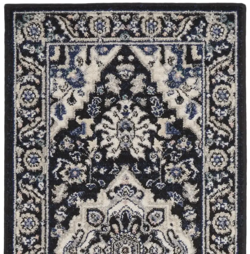 10' Black Ivory And Blue Floral Runner Rug Photo 2