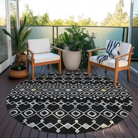 8' Black Ivory And Blue Round Geometric Washable Indoor Outdoor Area Rug Photo 7