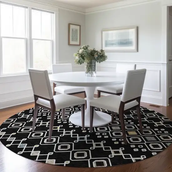 8' Black Ivory And Blue Round Geometric Washable Indoor Outdoor Area Rug Photo 8