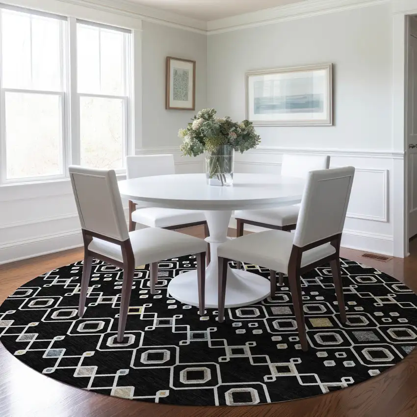 8' Black Ivory And Blue Round Geometric Washable Indoor Outdoor Area Rug Photo 8