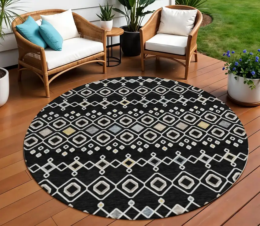 8' Black Ivory And Blue Round Geometric Washable Indoor Outdoor Area Rug Photo 1