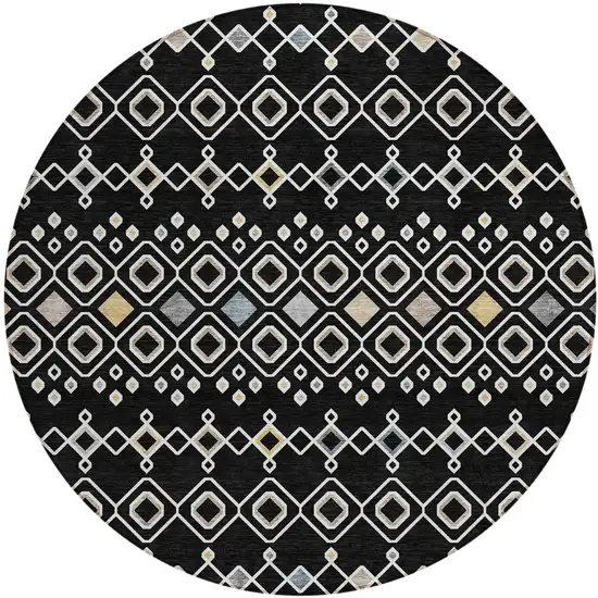 8' Black Ivory And Blue Round Geometric Washable Indoor Outdoor Area Rug Photo 2