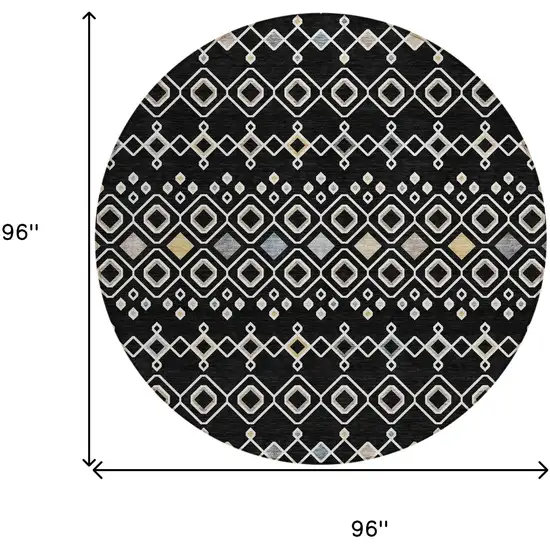 8' Black Ivory And Blue Round Geometric Washable Indoor Outdoor Area Rug Photo 3