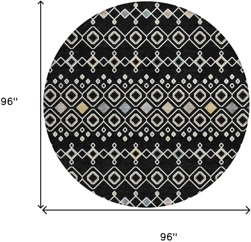 8' Black Ivory And Blue Round Geometric Washable Indoor Outdoor Area Rug Photo 3