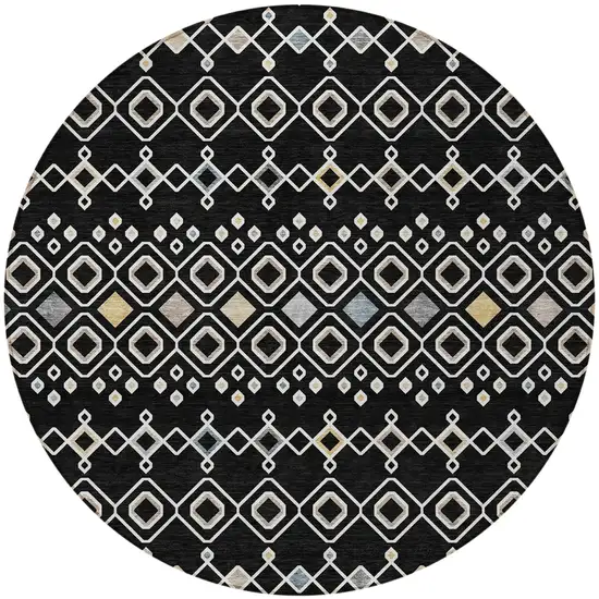 8' Black Ivory And Blue Round Geometric Washable Indoor Outdoor Area Rug Photo 6