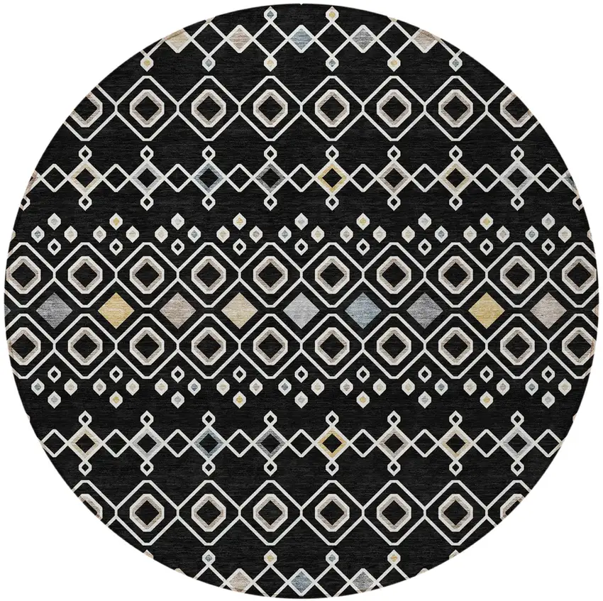 8' Black Ivory And Blue Round Geometric Washable Indoor Outdoor Area Rug Photo 6